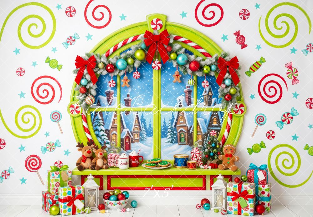 Kate Christmas Whimstical Candy Window Village Printed Backdrop Designed by Patty Roberts