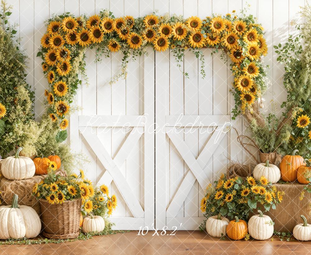 Kate Fall Sunflower Arch White Barn Pumpkins Rustic Backdrop Designed by Emetselch