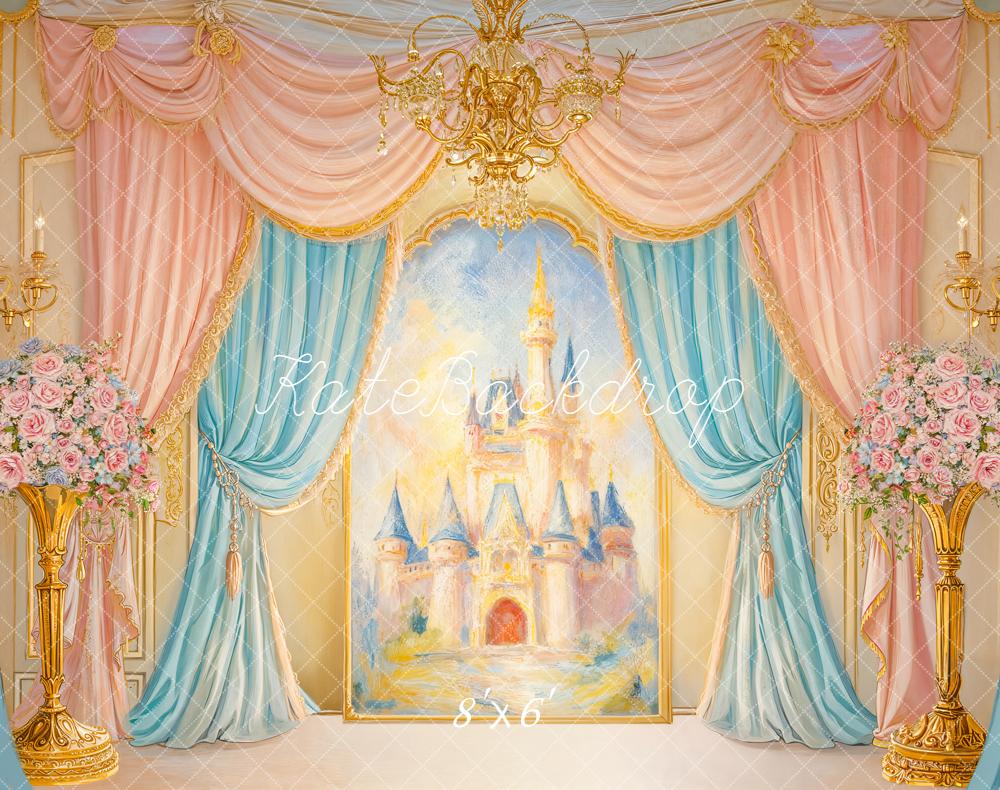 Kate Cake Smash Fairy Fantasy Castle Gold Chandelier Pink Blue Drapes Backdrop Designed by GQ