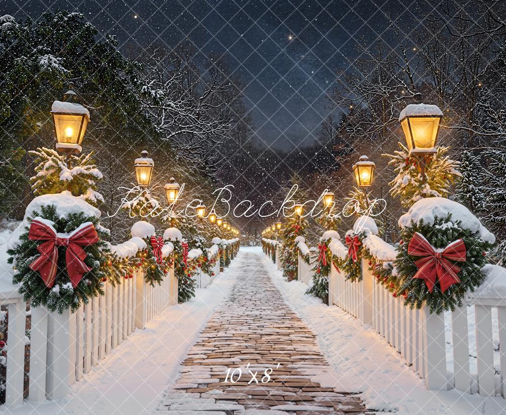 Kate Christmas Winter Path Snowy Bridge Garland Lanterns Backdrop Designed by Emetselch