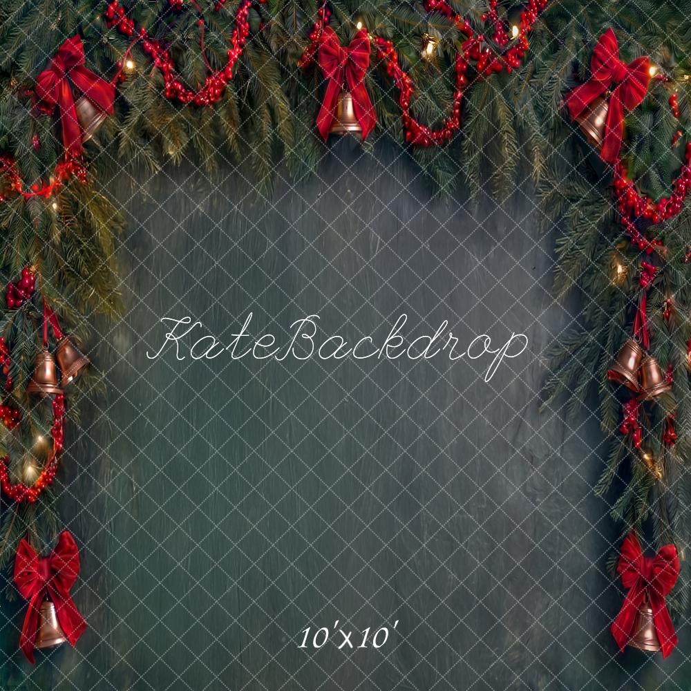 Kate Christmas Evergreen Garland Red Bows Bells Printed Backdrop Designed by Angela Miller