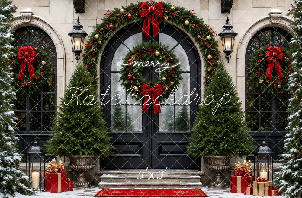 Kate Christmas Retro Black Entryway Arched Doorway Wreaths Trees Bows Printed Backdrop Designed by Emetselch
