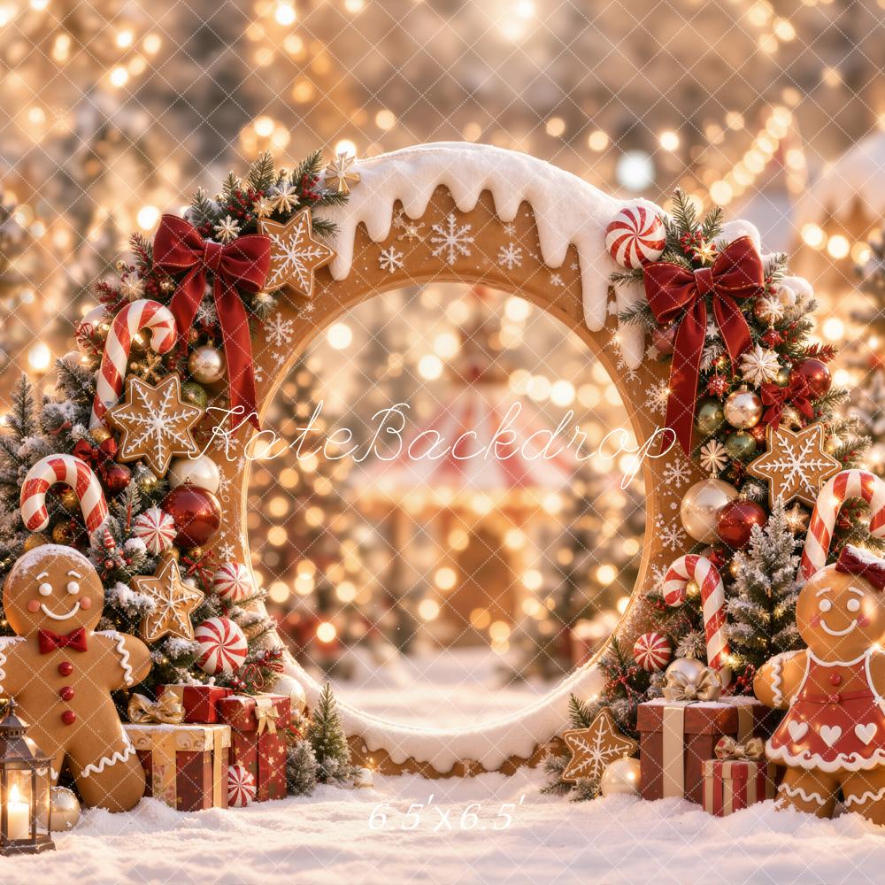Kate Christmas Gingerbread Circle Arch Candy Cane Snowy Printed Backdrop Designed by Emetselch