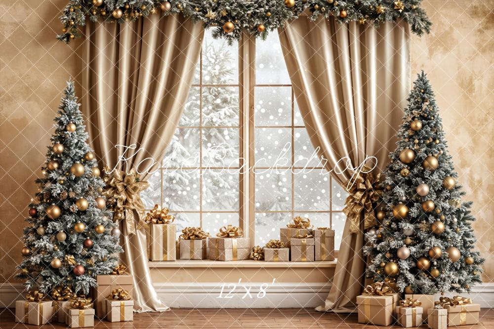 Kate Christmas Gold Gifts Trees Window Backdrop Designed by Emetselch