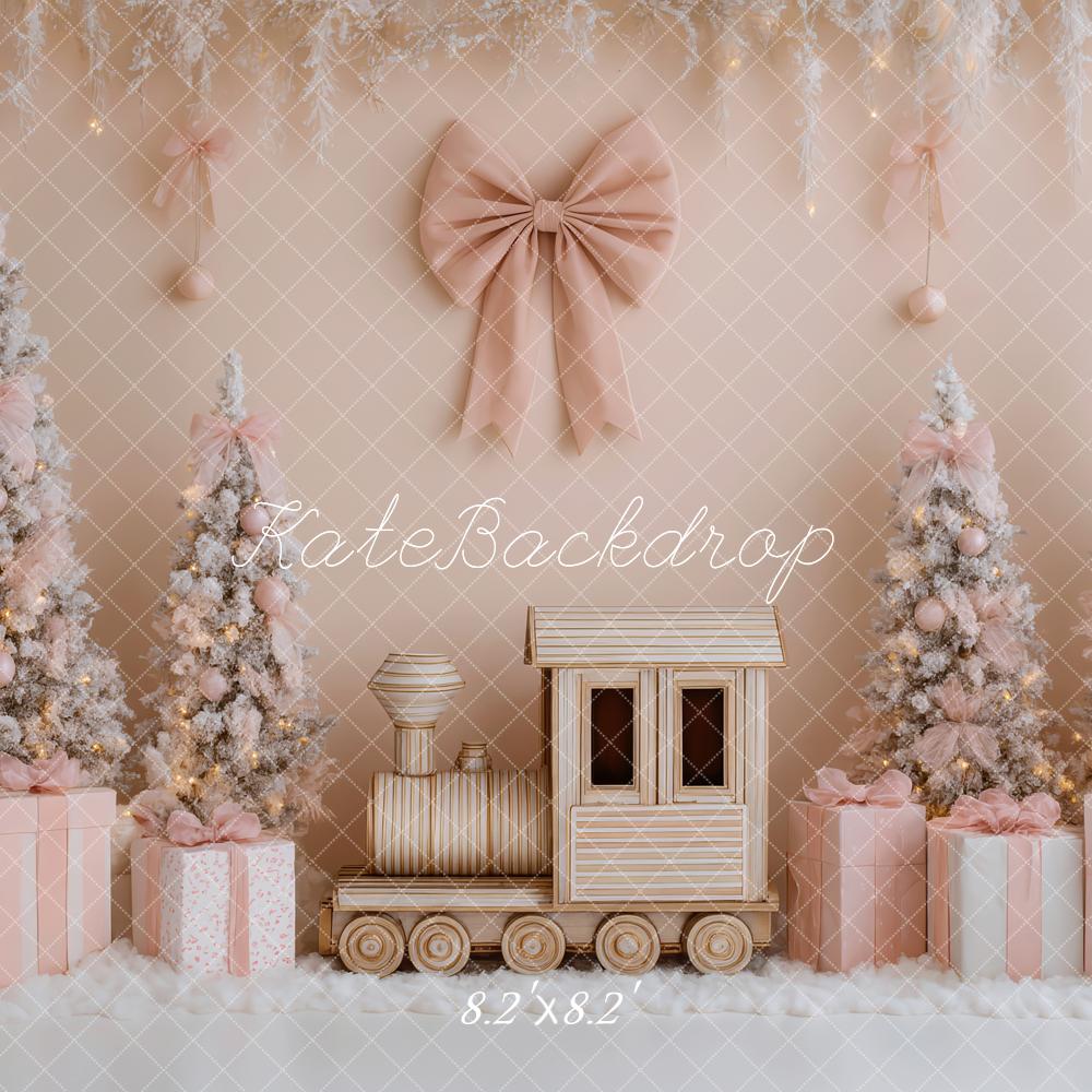 Kate Christmas Trees Polar Train Pink Bow Gift Backdrop Designed by Patty Roberts