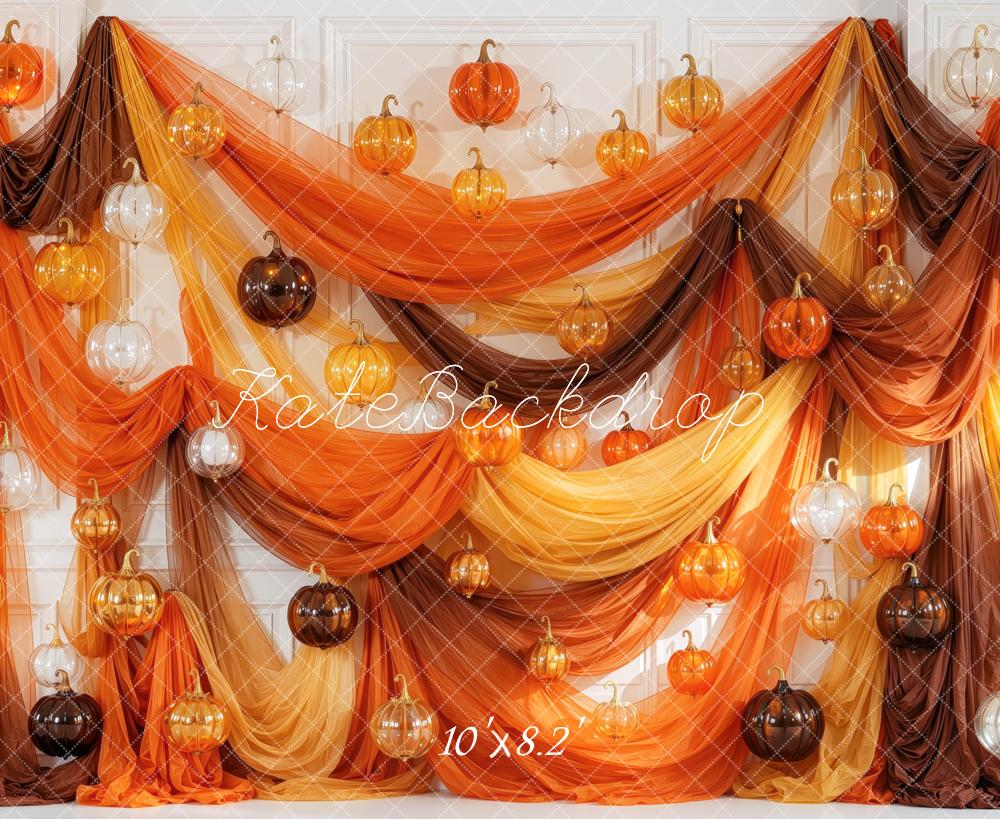Kate Halloween Orange Glass Pumpkins Drapes Printed Backdrop Designed by Mini MakeBelieve