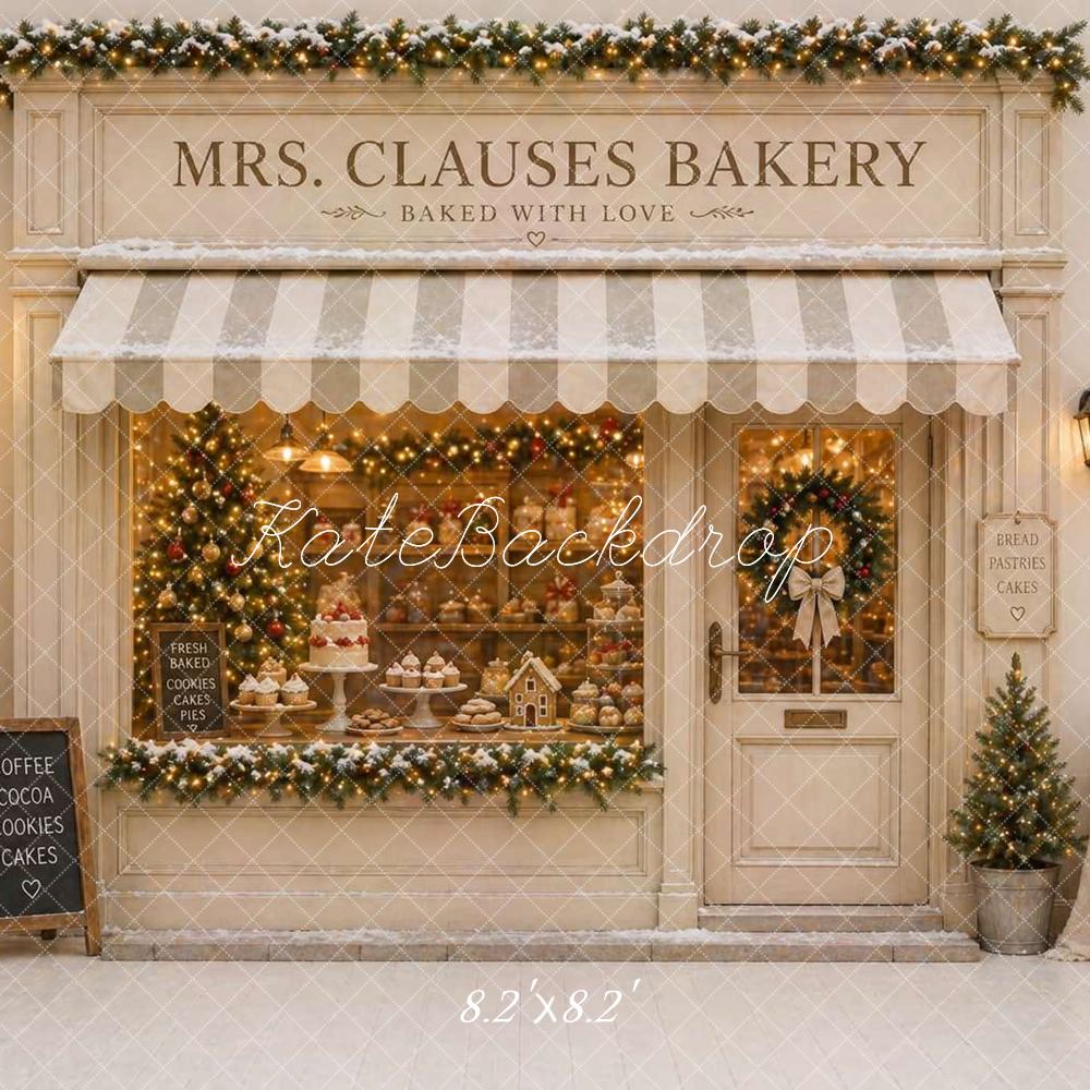 Kate Christmas Beige Bakery Storefront Printed Backdrop Designed by Caitlin Lynch
