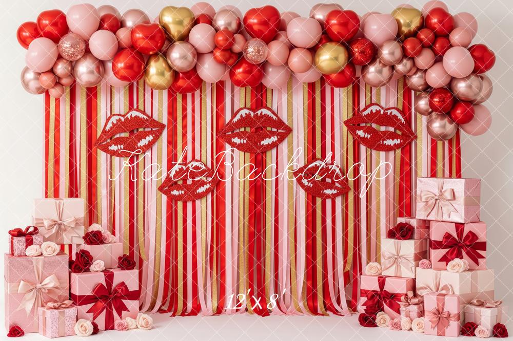 Kate Valentine's Day Red Lips Balloons Gift Boxes Striped Printed Backdrop Designed by Patty Roberts