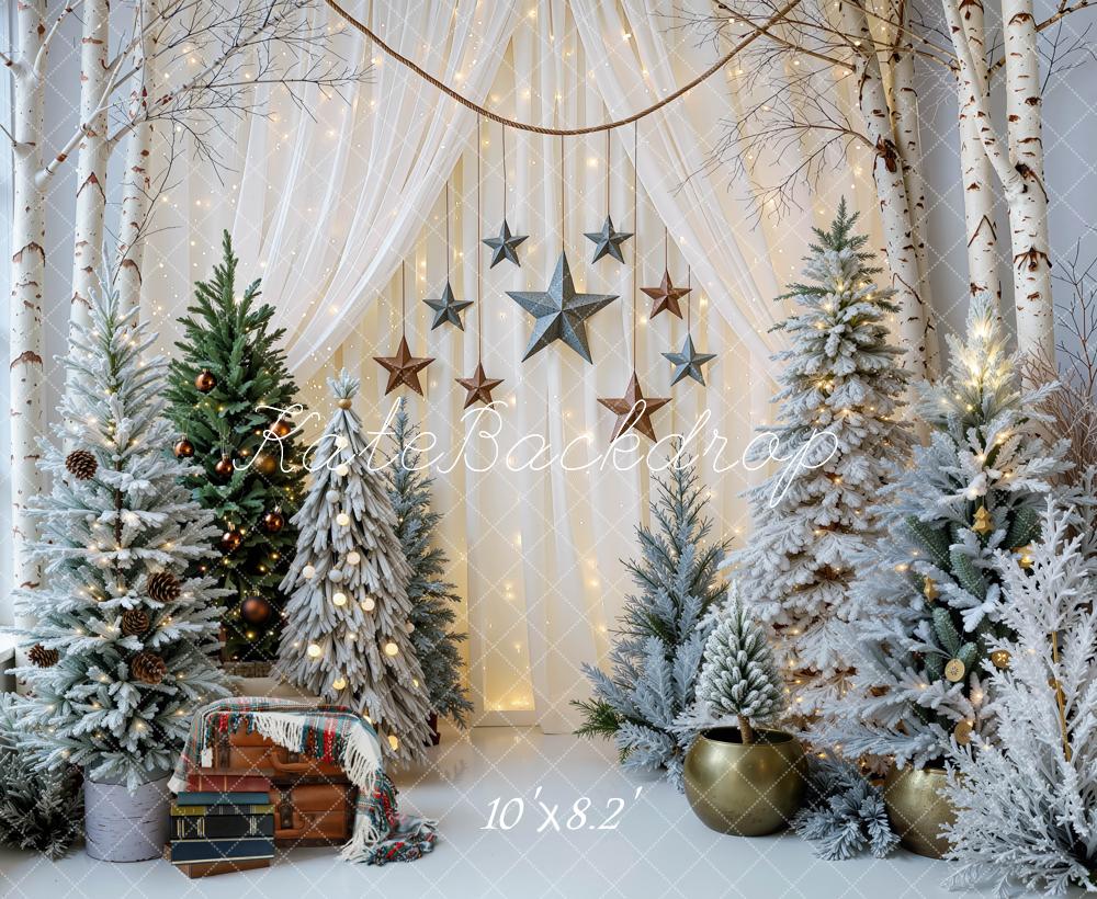 Kate Christmas Indoor Snowy Trees Cream White Curtains Stars Garland Printed Backdrop Designed by Mini MakeBelieve