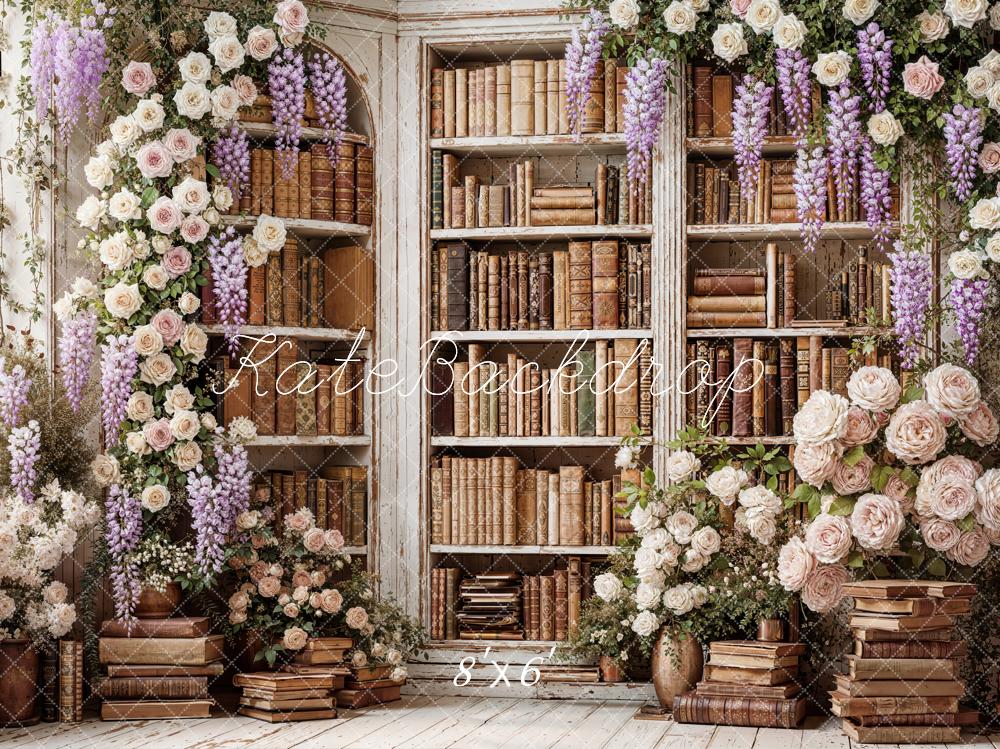 Kate Flower Arch Bookshelf Books Vintage Wall Printed Backdrop Designed by Emetselch