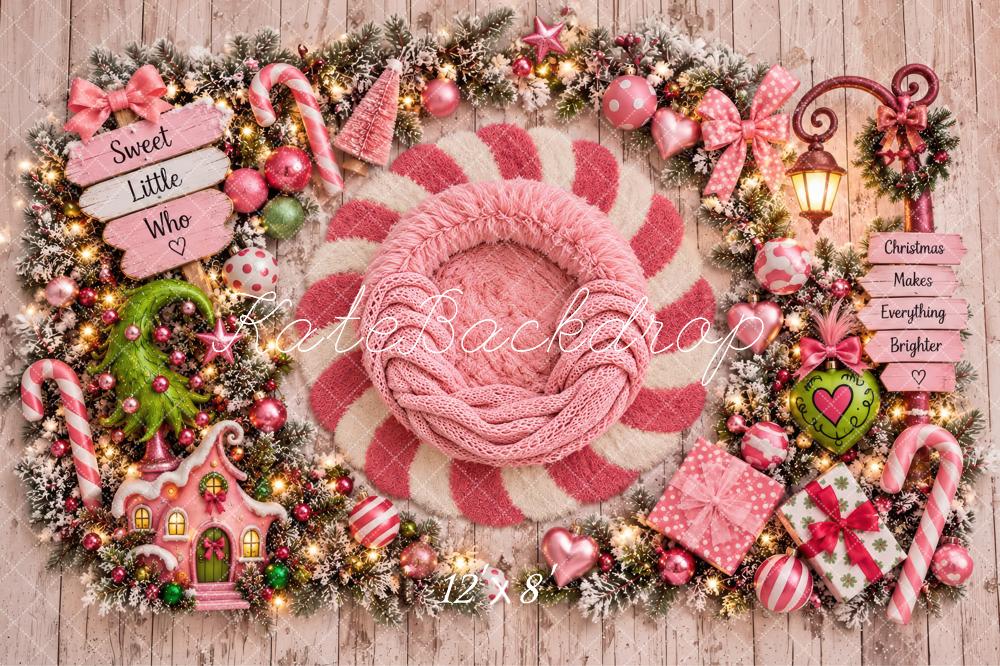 Kate Christmas Newborn Sweet Little Girly Who Pink Candy Cane Printed Backdrop Designed by Laura Bybee