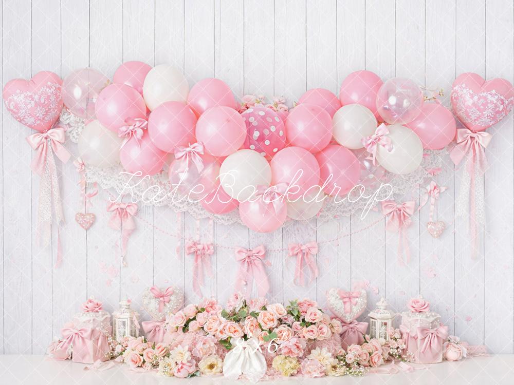 Kate Cake Smash Coquette Pink Balloon Heart Bows Floral Printed Backdrop Designed by Mandy Ringe Photography
