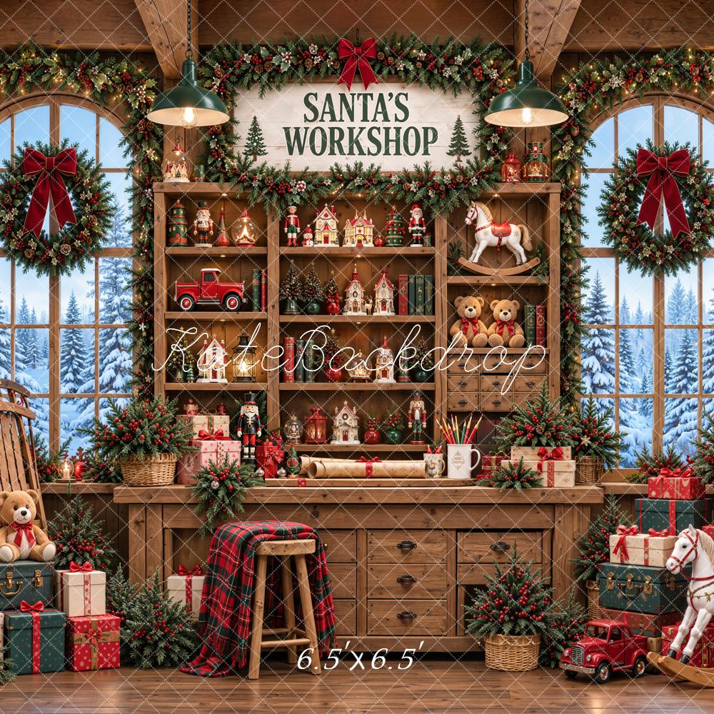 Kate Christmas Santa's Workshop Rustic Toy Cabinet Window Wood Printed Backdrop Designed by Emetselch