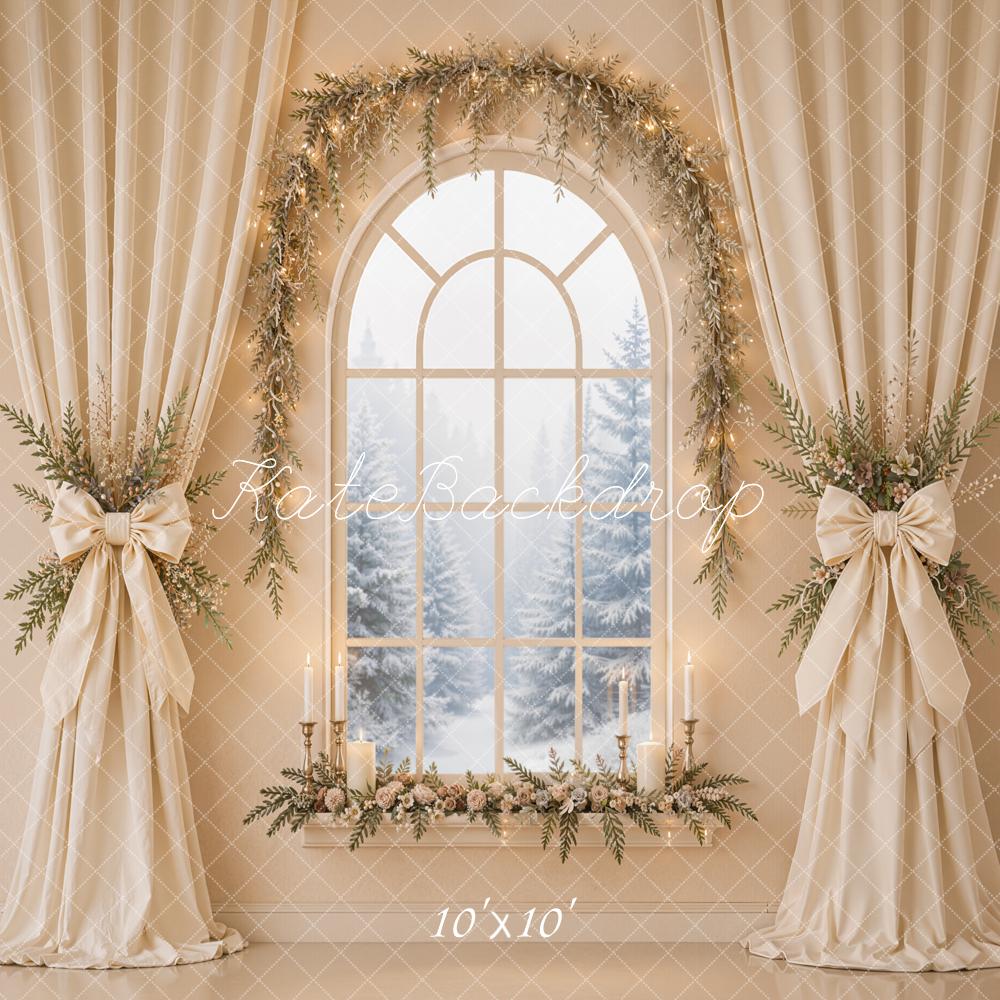 Kate Christmas Beige Drapes Flower Arch Window Printed Backdrop Designed by Emetselch