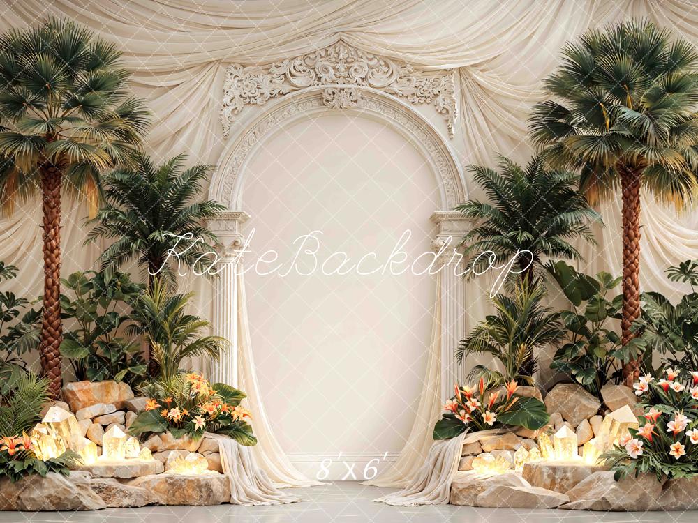 Kate Tropical Palm Trees Floral Rock Arch Printed Backdrop Designed by Mini MakeBelieve