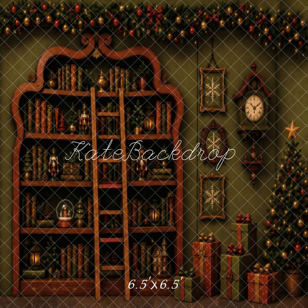 Kate Christmas Fantasy Green Bookshelf Tree Ladder Gifts Printed Backdrop Designed by Vertigo Productions