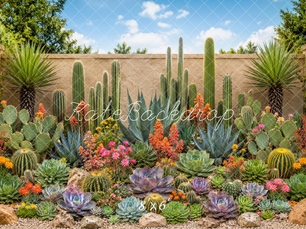 Kate Outdoor Cactus Succulent Garden Stone Wall Printed Backdrop Designed by Megan Leigh Photography