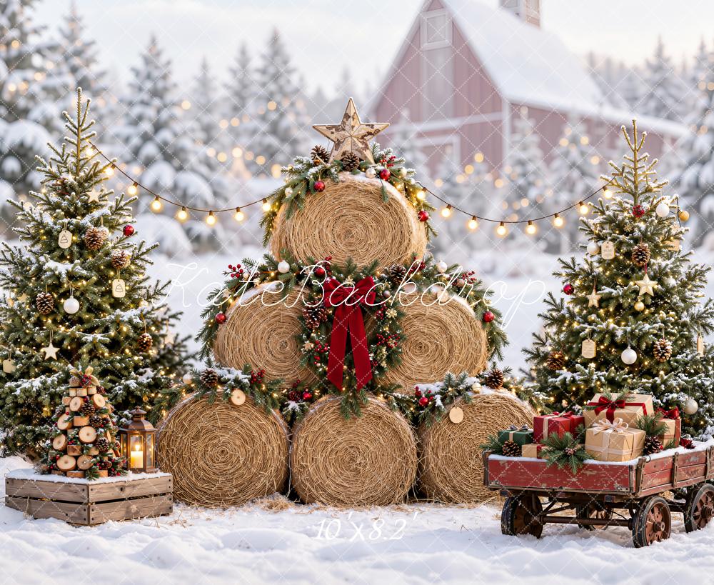 Kate Christmas Hay Bale Tree Snowy Gift Wagon String Lights Printed Backdrop Designed by Emetselch