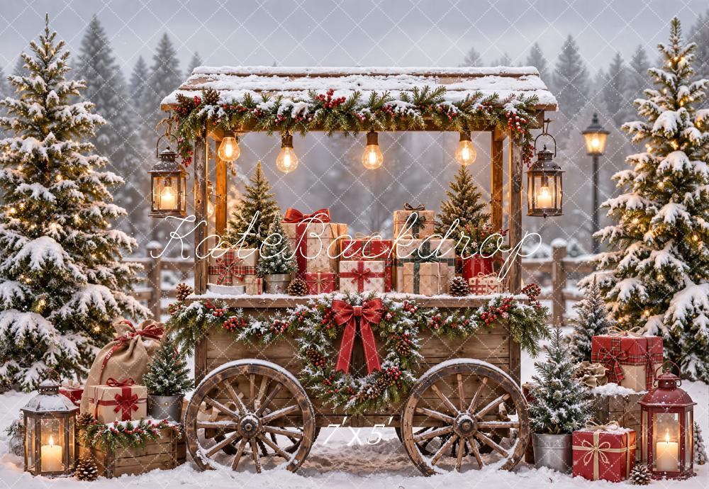 Kate Christmas Snowy Gift Cart Lanterns Printed Backdrop Designed by Emetselch