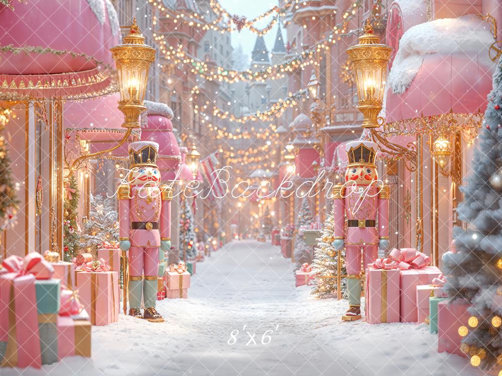 Kate Christmas Pink Nutcracker Snowy Street Shop Backdrop Designed by Emetselch