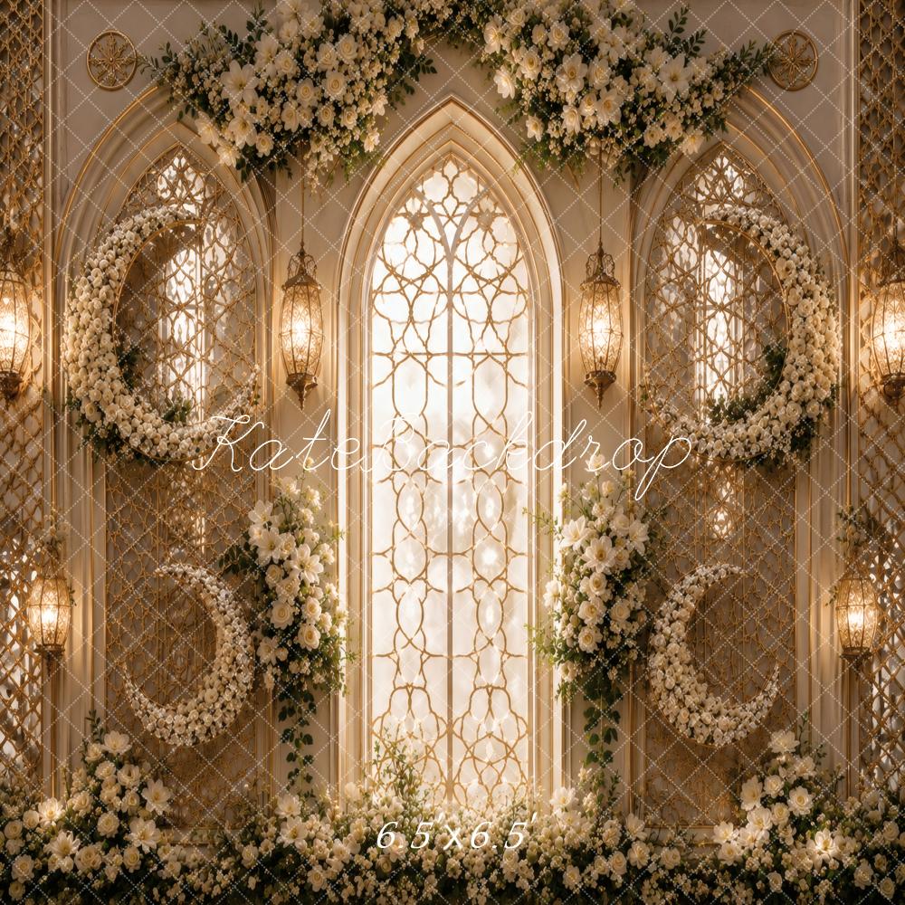 Kate Celestial Crescent Moon Floral Arch Window Printed Backdrop Designed by Vertigo Productions