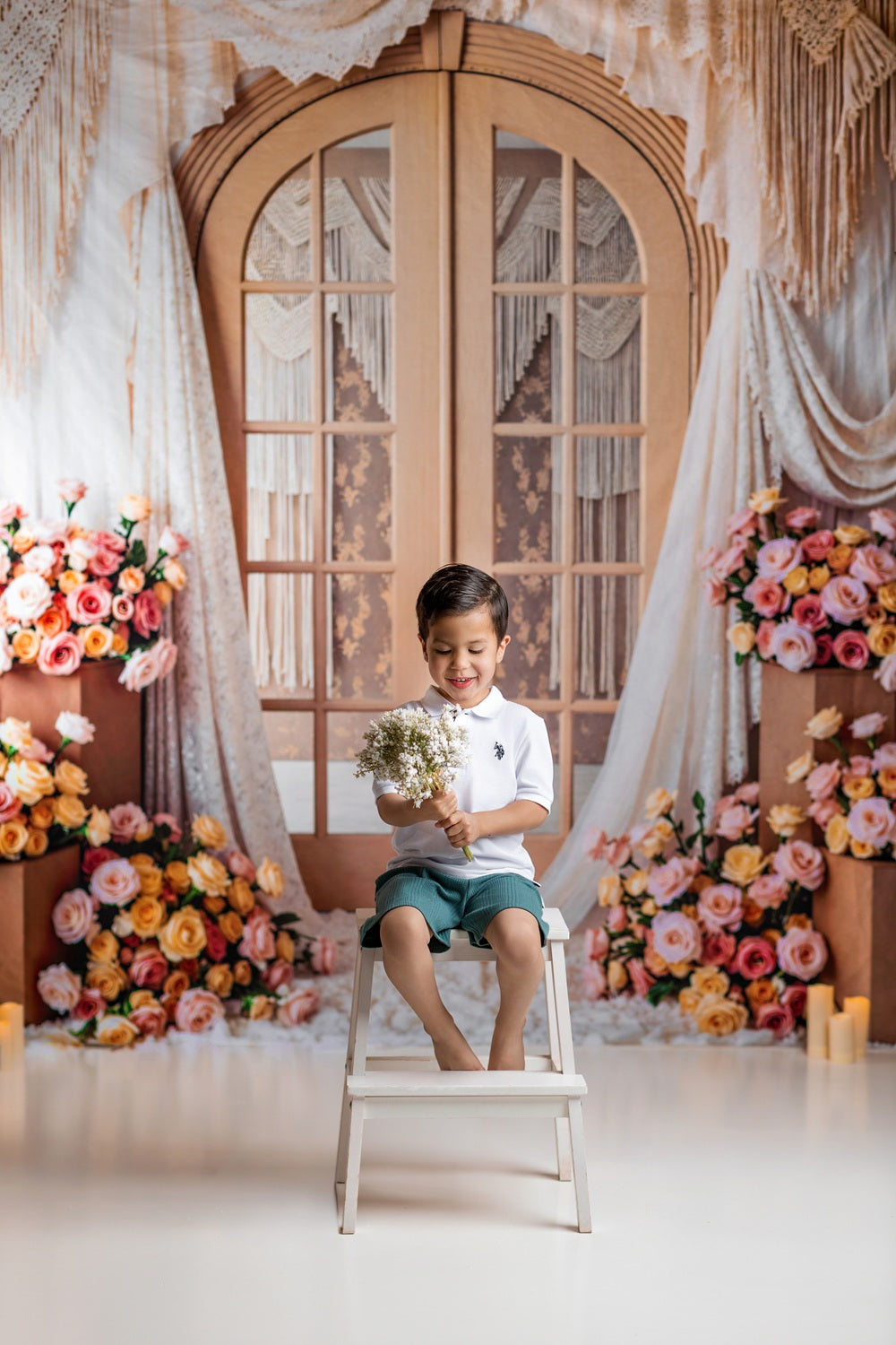 Kate Mother's Day Boho Floral Door Beige Drapes Printed Backdrop Designed by Mini MakeBelieve