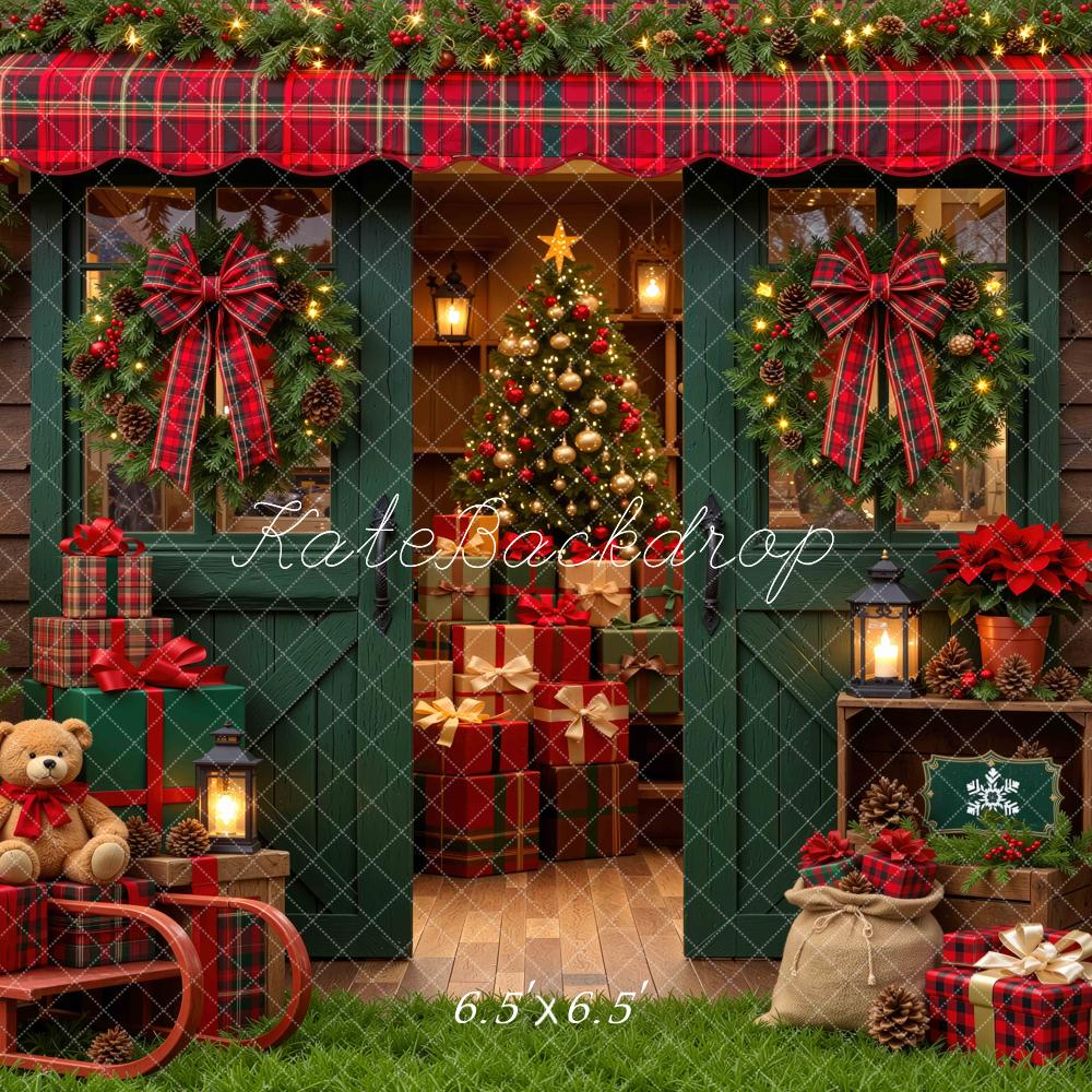 Kate Christmas Storefront Porch Plaid Trees Presents Nutcracker Printed Backdrop Designed by Mini MakeBelieve