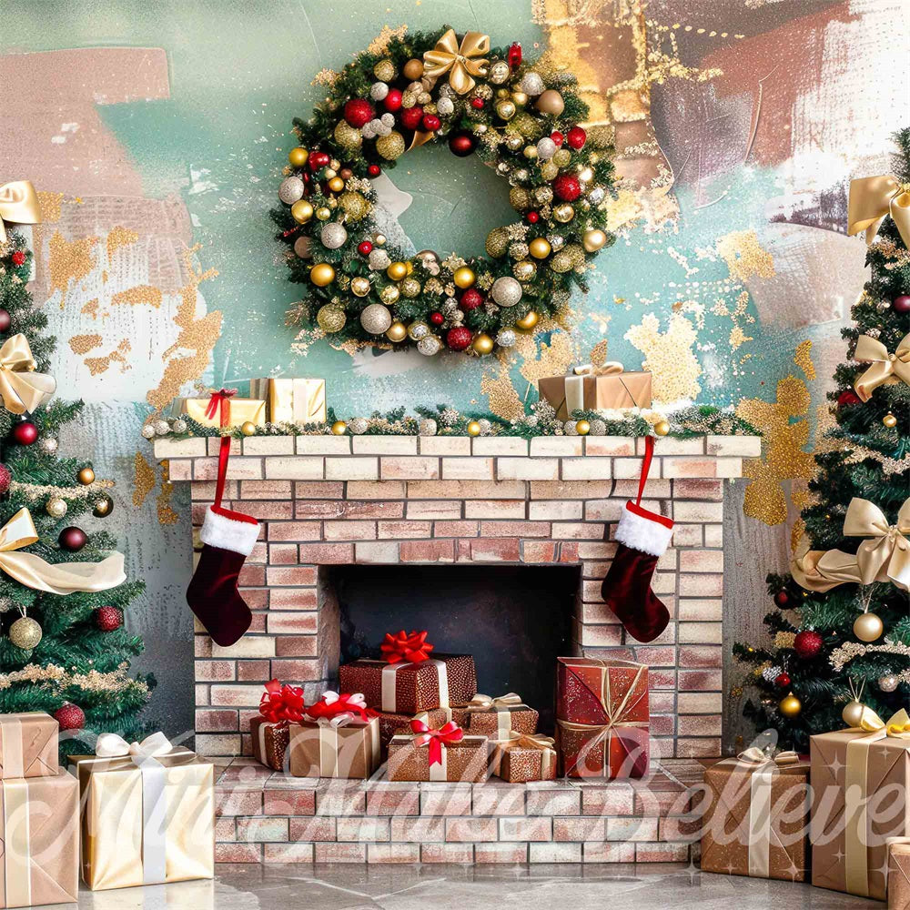 Festive Cozy Christmas Fireplace Backdrop