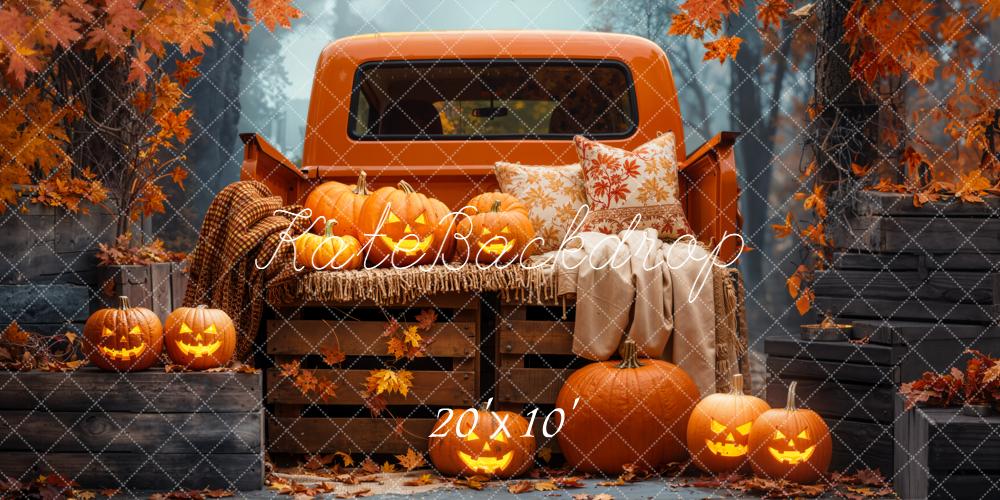 Kate Halloween Truck Pumpkins Maple Leaves Forest Bat Backdrop Designed by Emetselch