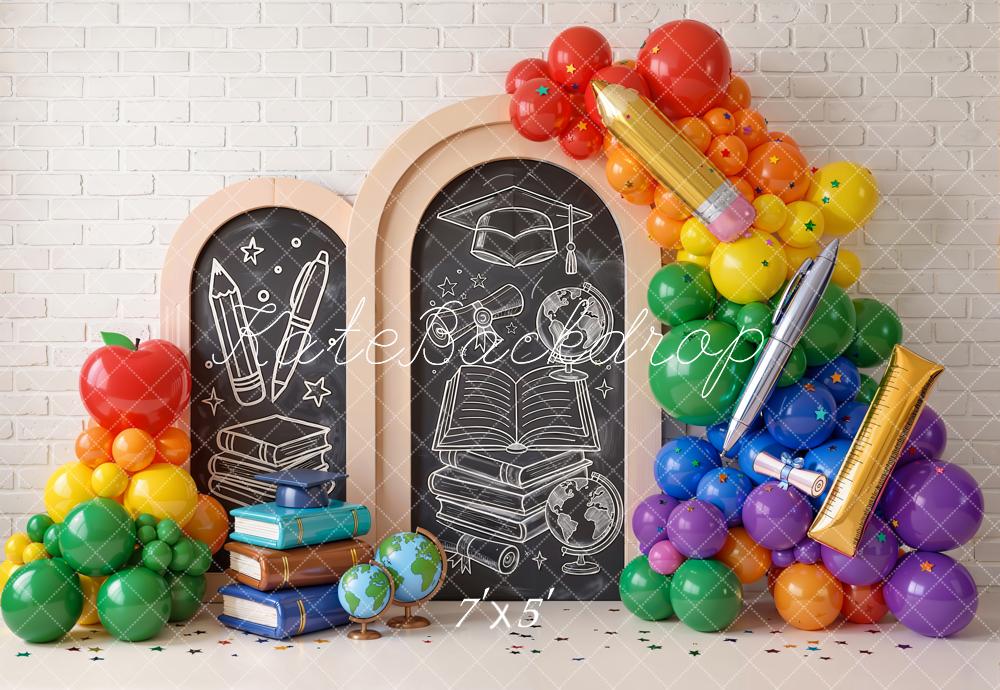 Kate Back to School Chalkboard Arch Books Balloons Globes Printed Backdrop Designed by Emetselch