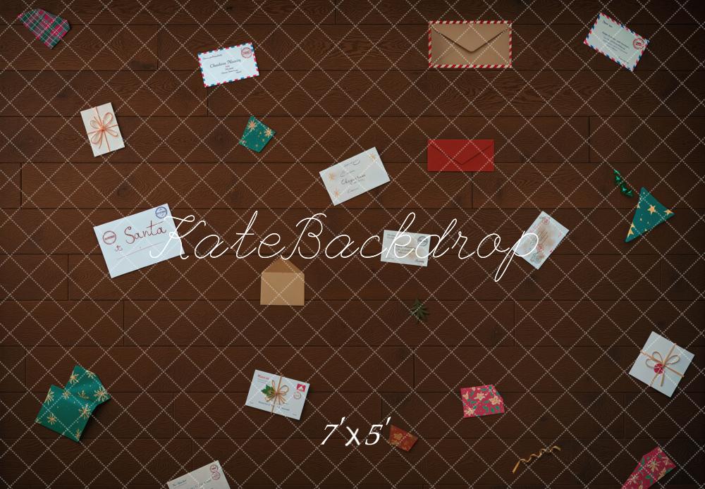 Kate Christmas Letters Envelopes And Gifts On Brown Wood Floor Printed Backdrop Designed by Mini MakeBelieve