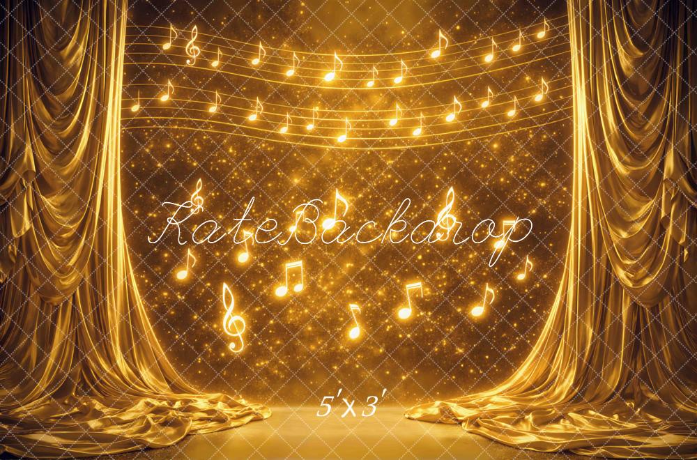 Kate Stage Golden Musical Notes Sparkle Curtain Printed Backdrop Designed by Mini MakeBelieve