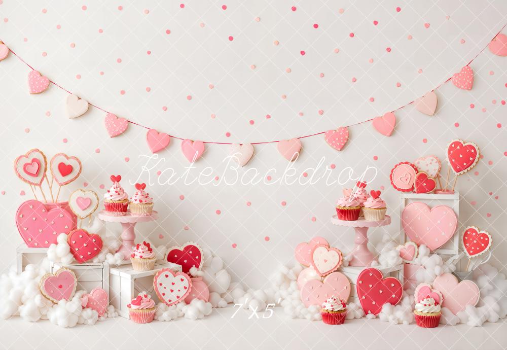 Kate Valentine's Day Birthday Pink Heart Cupcake Dessert Table Printed Backdrop Designed by Emetselch