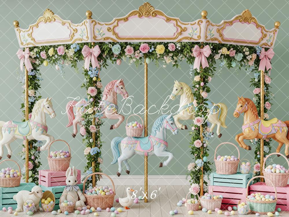 Kate Easter Carousel Bunny Pastel Eggs Floral Garland Printed Backdrop Designed by Patty Roberts