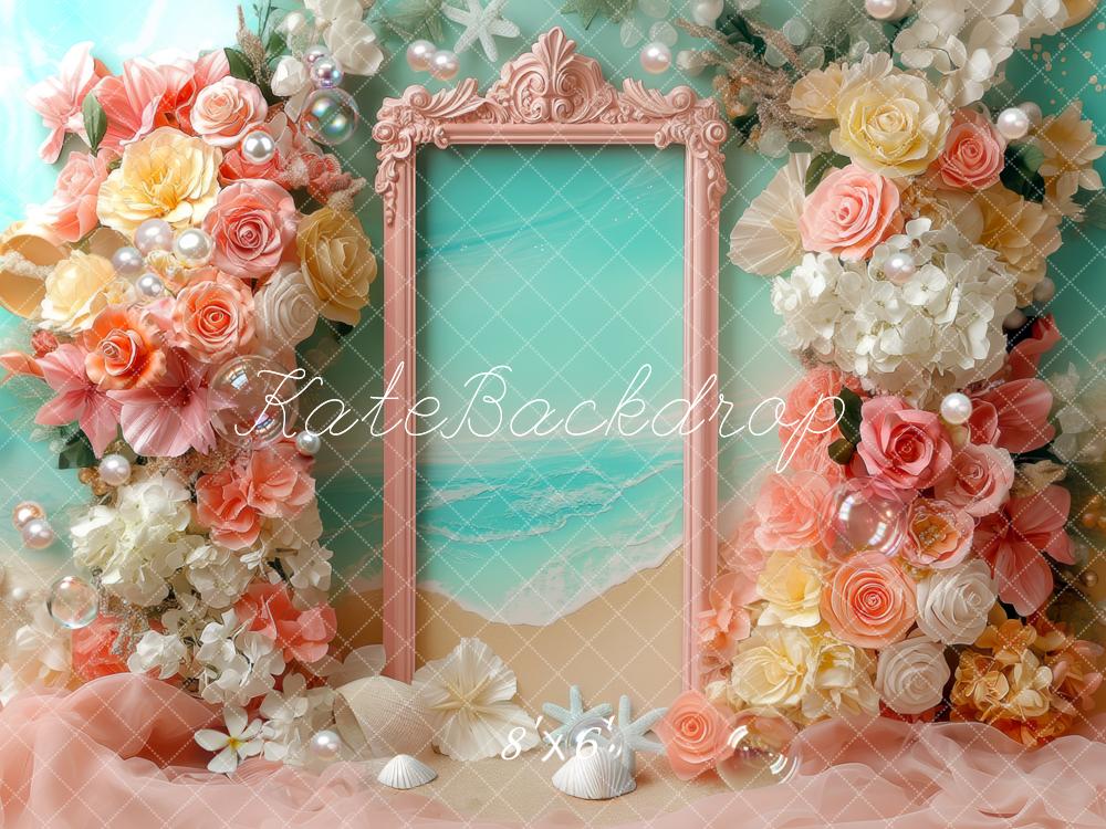 Kate Summer Floral Arch Beach Frame Pastel Flowers Backdrop Designed by Mini MakeBelieve