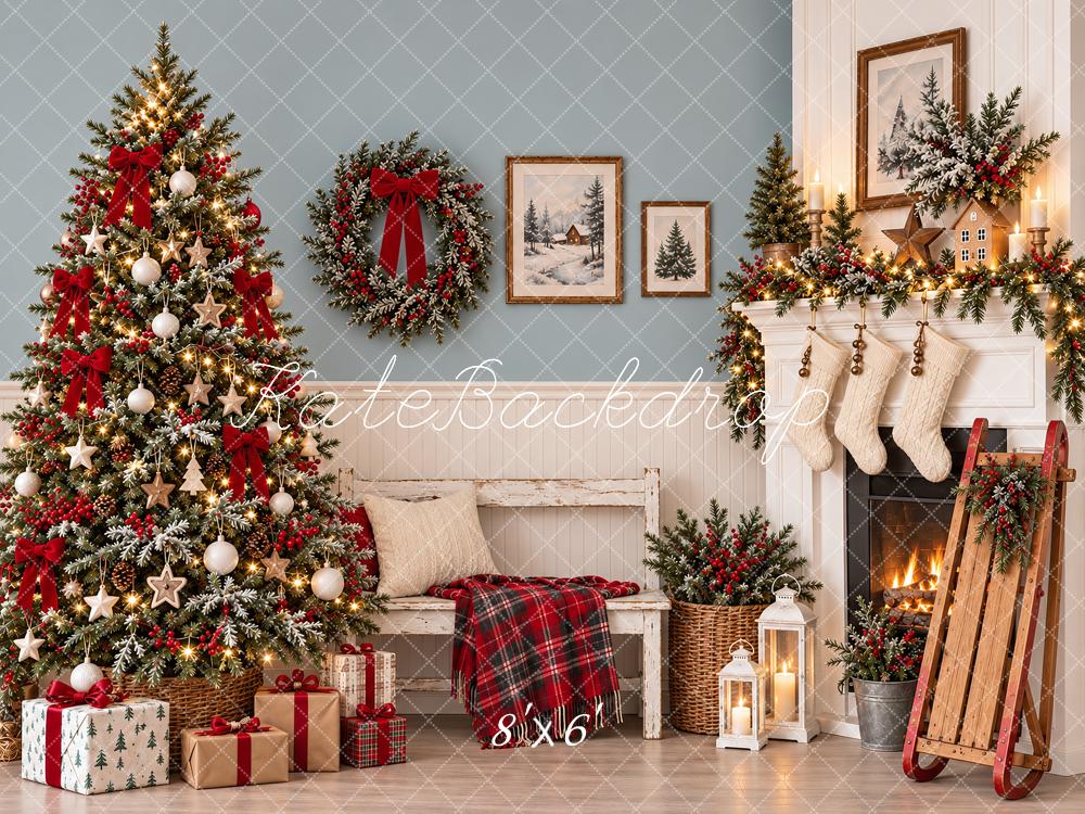 Kate Christmas Tree Fireplace Stockings Wreath Sleigh Printed Backdrop Designed by Vertigo Productions