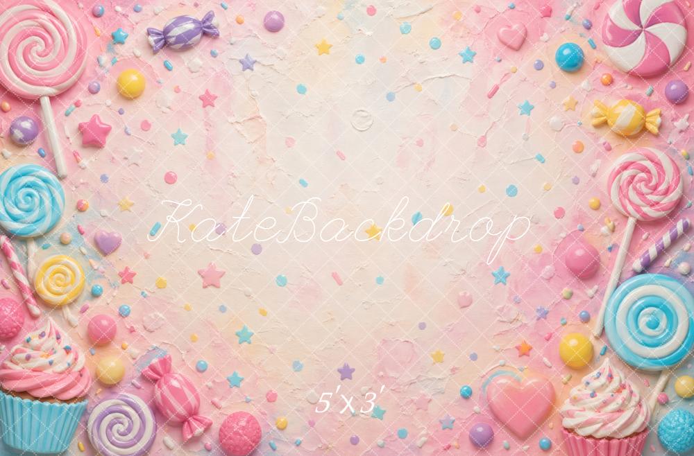 Kate Birthday Pastel Candy Cupcakes Lollipops Sweets Printed Backdrop Designed by Vertigo Productions