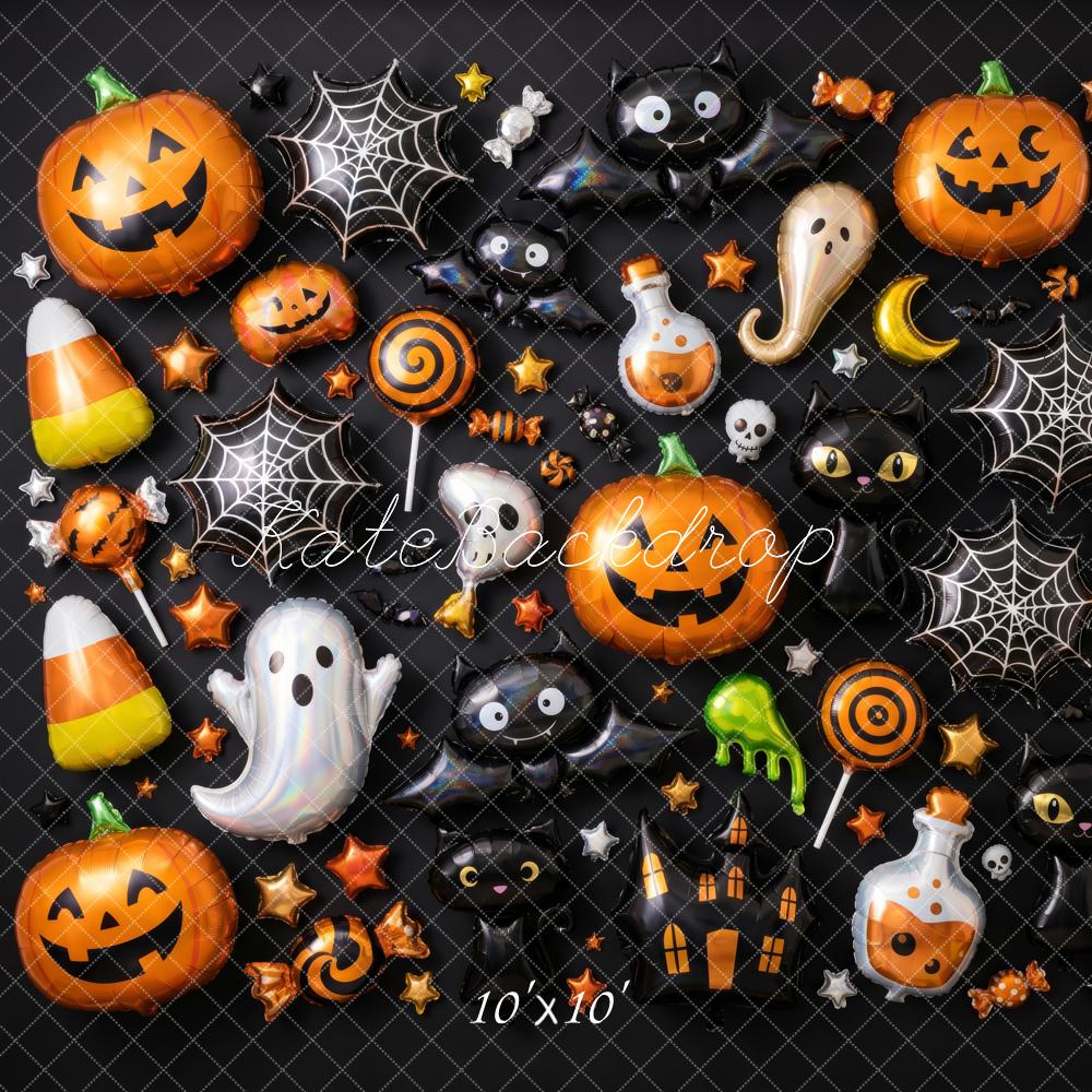 Kate Halloween Balloons Pumpkins Ghosts Candy Spiderwebs Printed Backdrop Designed by Patty Roberts