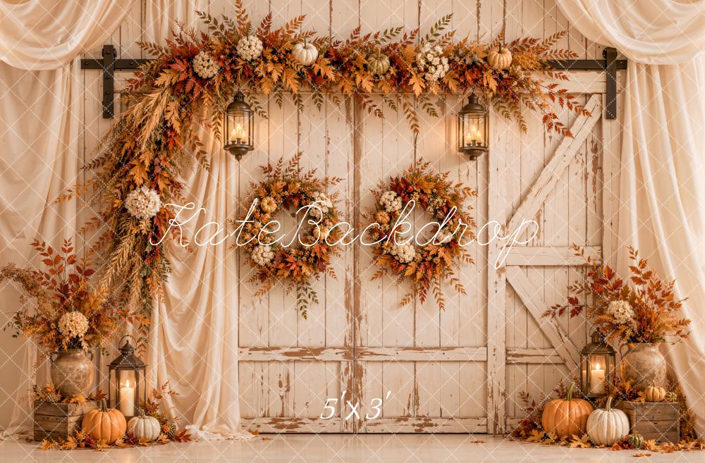 Kate Fall Floral Rustic Barn Door Pumpkins White Drapes Printed Backdrop Designed by Emetselch