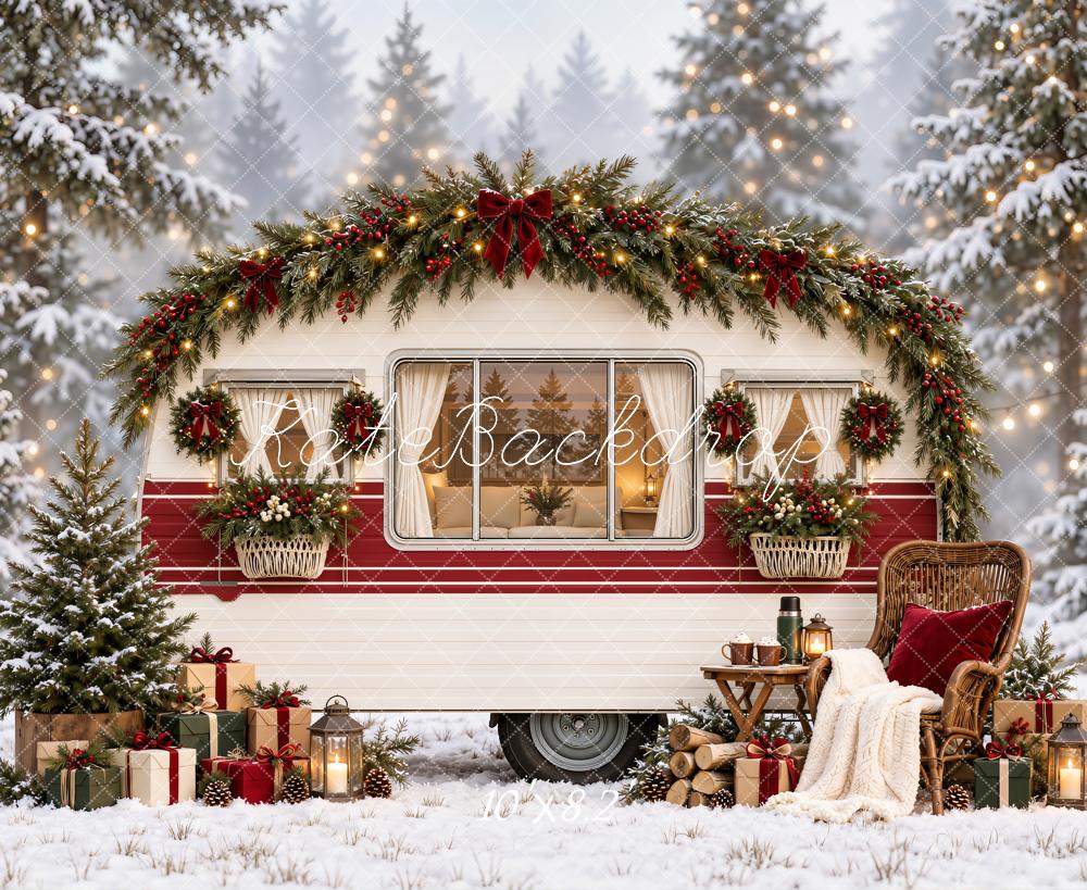 Kate Christmas Camper Snowy Forest Garland Tree Chair Printed Backdrop Designed by Emetselch