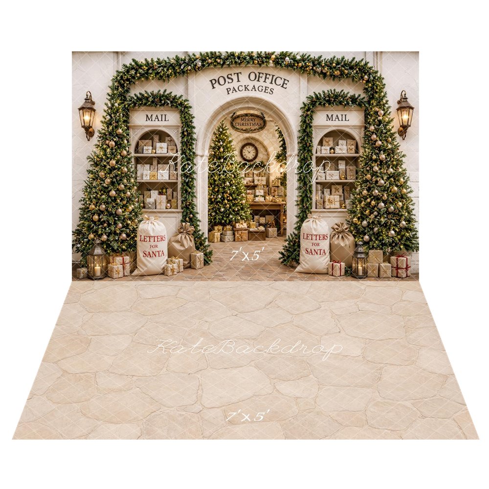 Kate Christmas Post Office Packages Christmas Trees Letters for Santa Printed Backdrop+Beige Cobblestone Floor Printed Backdrop