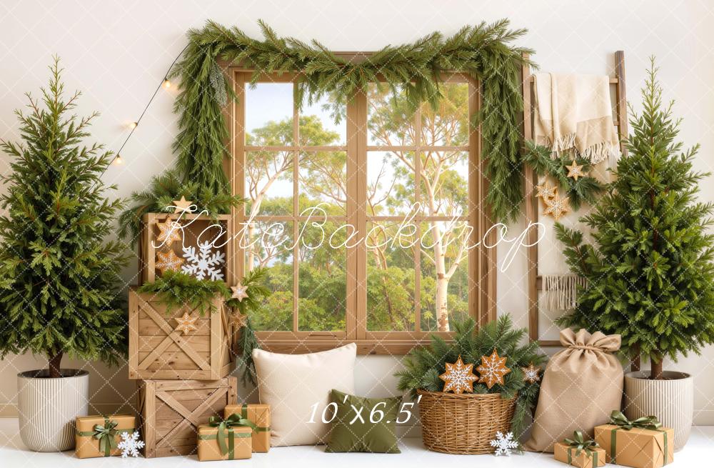Kate Christmas Australian Rustic Window Evergreen Garland Gifts Printed Backdrop Designed by Mini MakeBelieve
