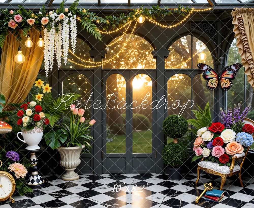 Kate Fantasy Garden Flowers Mushroom Butterfly Clock Backdrop Designed by Mini MakeBelieve