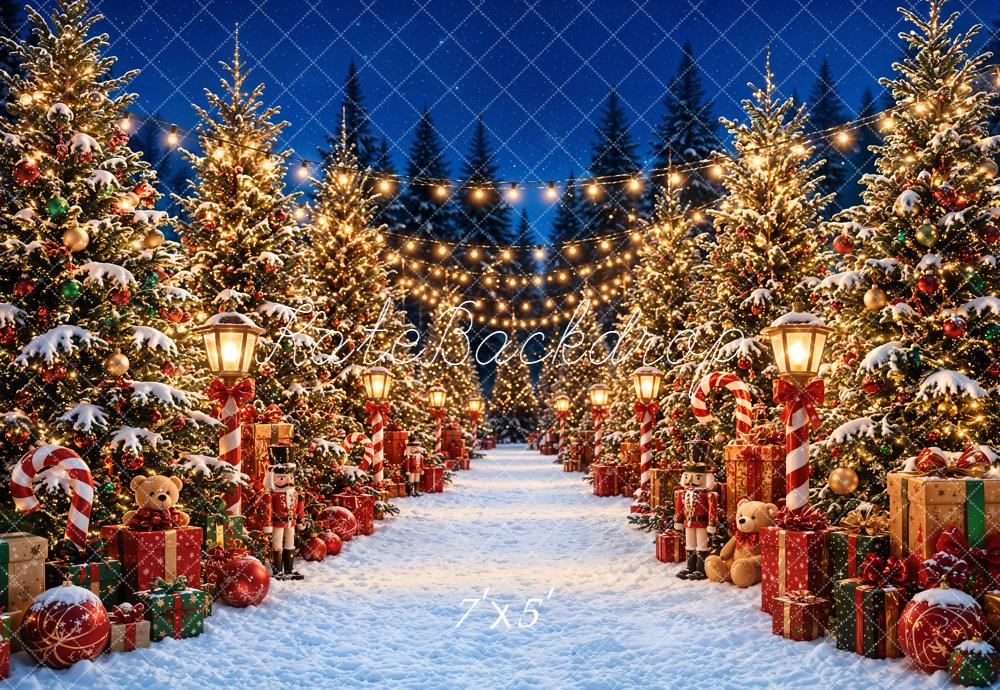 Kate Christmas Night Snowy Tree Path with Gifts and Lanterns Printed Backdrop Designed by Emetselch
