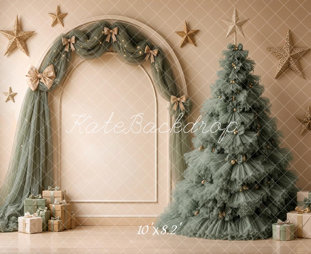Kate Christmas Green Tulle Tree Arch Drapes Stars Gifts Printed Backdrop Designed by Shutter Swan Studios