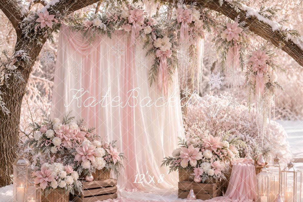 Kate Winter Pink Flower Branch Arch Snowy Outdoor Printed Backdrop Designed by Ashley Paul