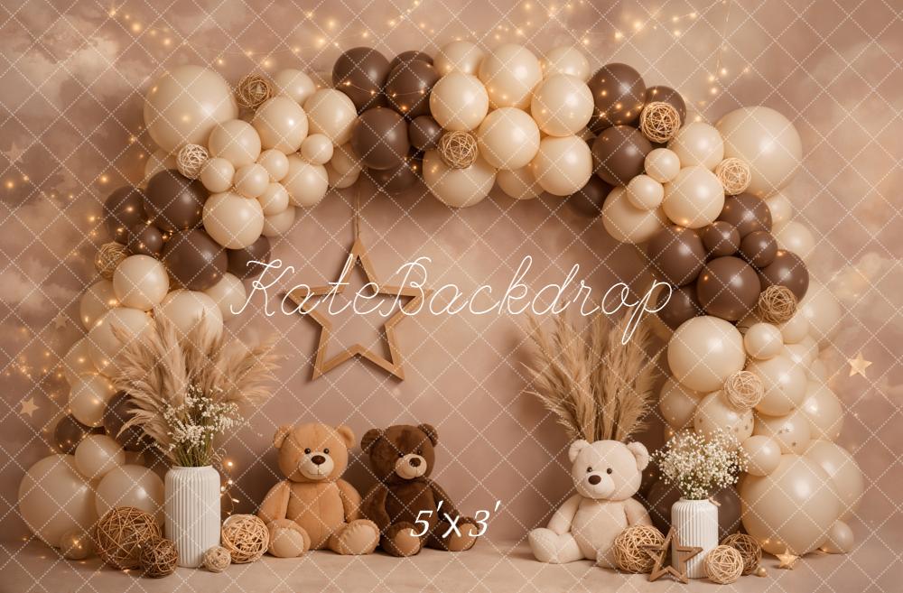 Kate Cake Smash Balloon Arch Teddy Bears Pampas Grass Neutral Brown Backdrop Designed by Emetselch