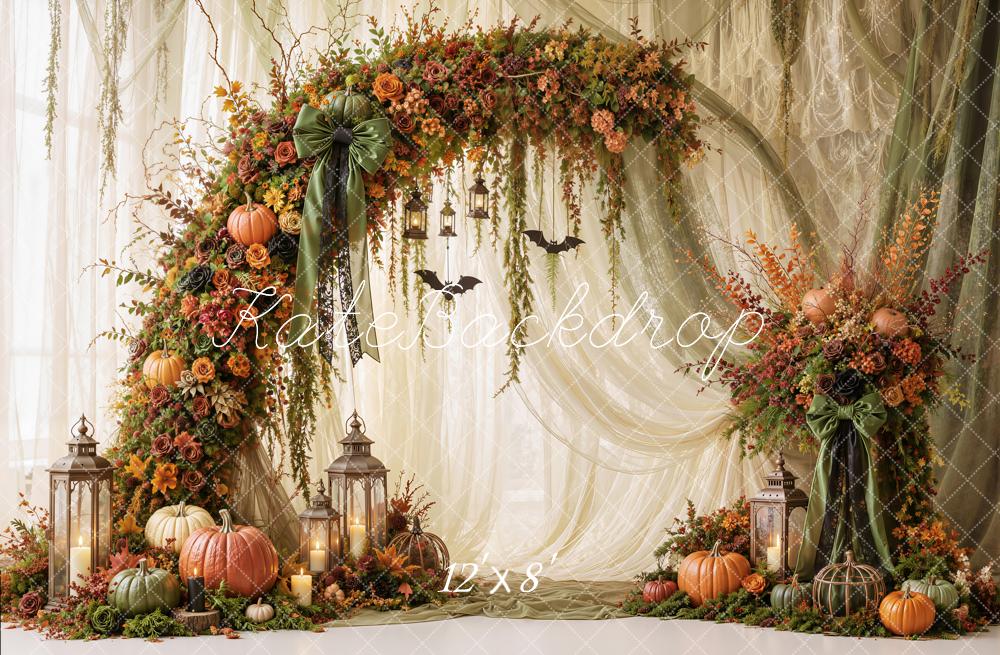 Kate Halloween Fall Green Drapes Pumpkins Flower Arch Lanterns Printed Backdrop Designed by Emetselch