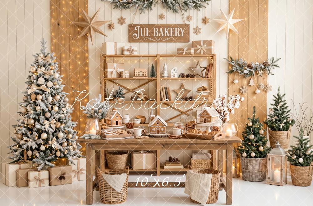 Kate Christmas Kitchen Bakery Gingerbread House Trees Neutral Printed Backdrop Designed by Patty Roberts