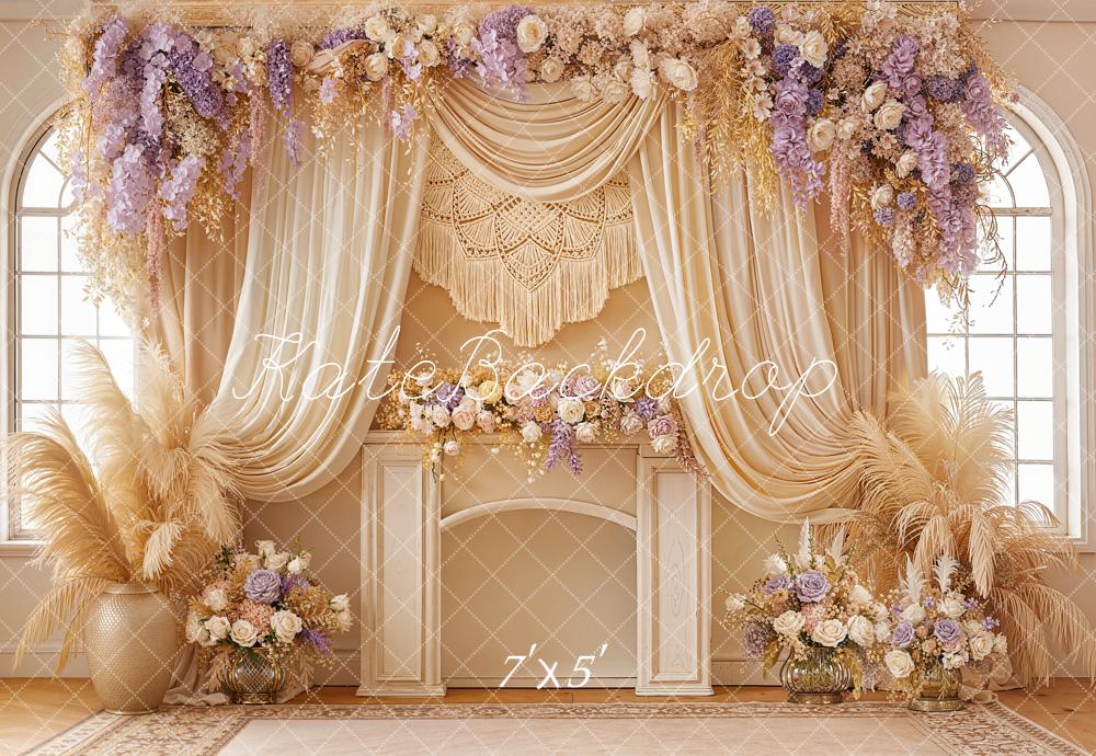 Kate Boho Flower Arch Beige Purple Drapes Macrame Pampas Grass Backdrop Designed by Emetselch